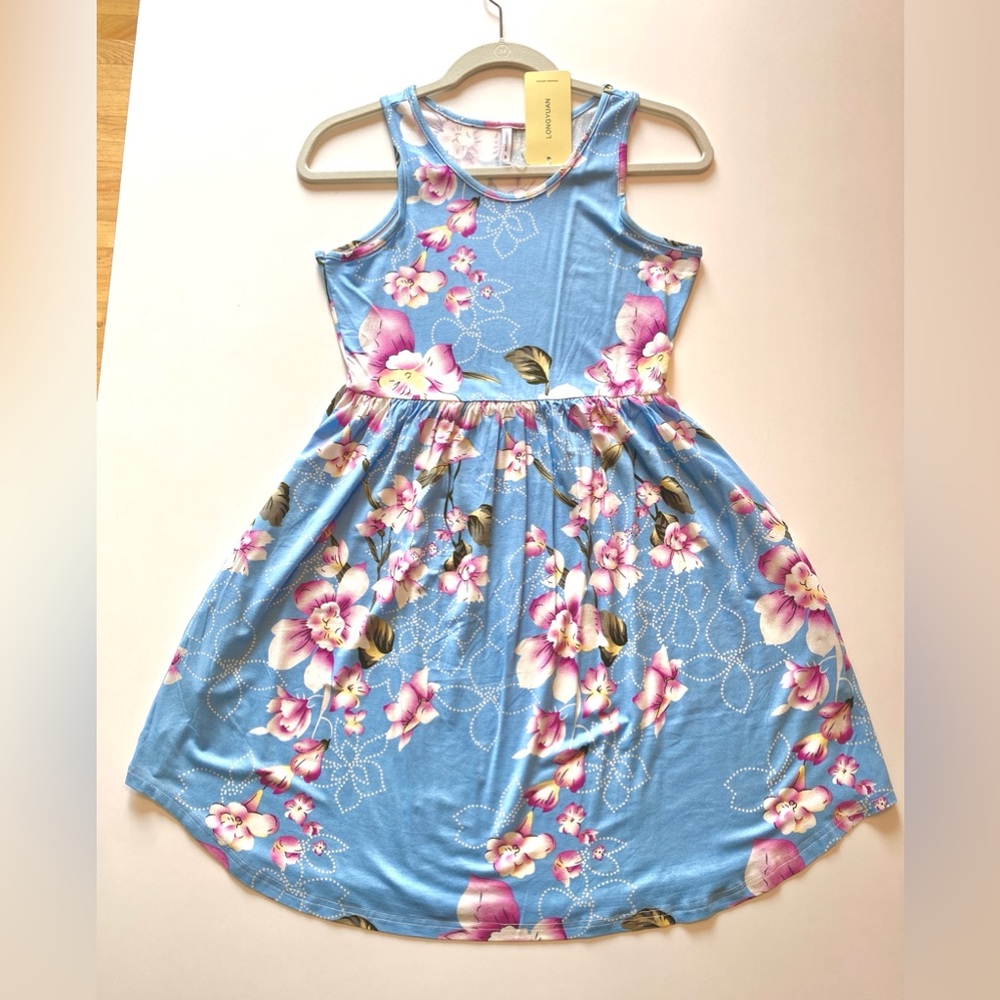 NWT LONGYUAN XS S Floral Summer Dress Blue Pink Tank Soft & Comfortable Stretch